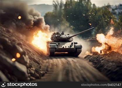 WAR SERIES, Tank Under Fire on Road in Extreme Battle, created with Generative AI technology