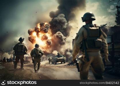 WAR SERIES, Urban Warfare Soldiers Looking on As Artillery Shells Enemy Position, created with Generative AI technology