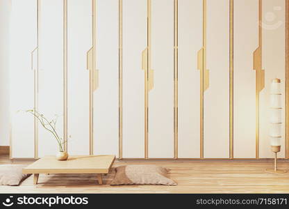 wardrobe wooden japanese style with low table wooden and sit pillowon Empty room minimal interior.3D rendering