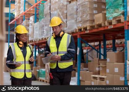 Warehouse foreman and employees Check the imported products in the central warehouse. before delivering to each region’s distribution centers