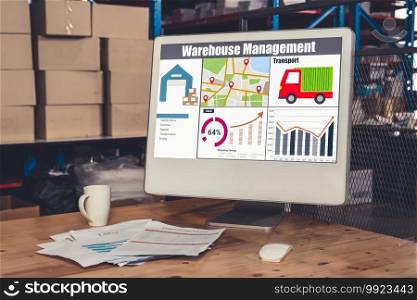 Warehouse management software application in computer for real time monitoring of goods package delivery . PC screen showing smart inventory dashboard for storage and supply chain distribution .. Warehouse management software application in computer for real time monitoring
