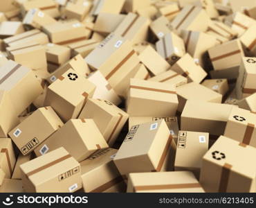 Warehouse or delivery concept background.Heap of cardboard delivery boxes or parcels. 3d illustration