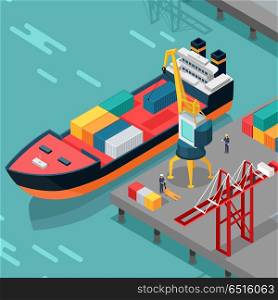 Warehouse port vector concept. Isometric projection. Ship with containers on the berth at the port, cranes, workers, hangars ashore. Transatlantic carriage. For transport, delivery company landing page. Cargo Port Vector Concept in Isometric Projection. Cargo Port Vector Concept in Isometric Projection