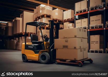 Warehouse with fully loaded forklift between rows in the big interior space. Neural network AI generated art. Warehouse with fully loaded forklift between rows in the big interior space. Neural network generated art