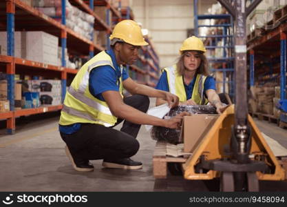 Warehouse workers inspect goods together on pallet trucks in a large warehouse
