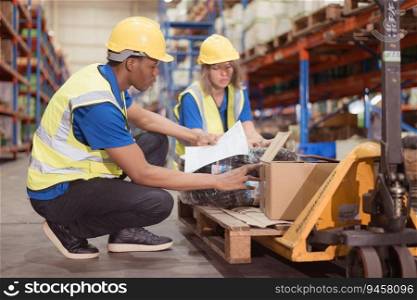 Warehouse workers inspect goods together on pallet trucks in a large warehouse
