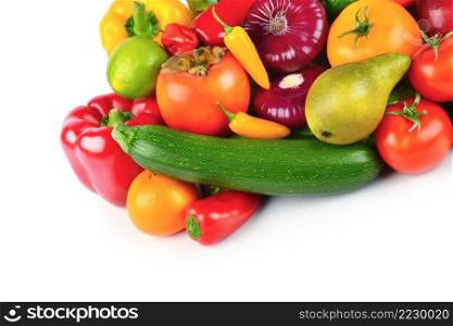 Warious Vegetables and fruits isolated on a white background. Free space for text.