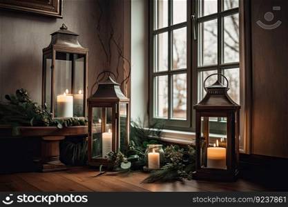 warm and cozy interior with festive lanterns and greenery, giving a hint of holiday cheer, created with generative ai. warm and cozy interior with festive lanterns and greenery, giving a hint of holiday cheer