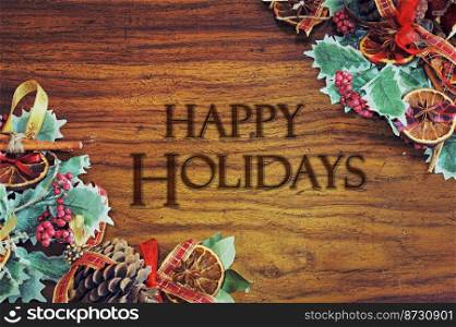 Warm Christmas theme greeting card template with xmas tree decorations frame on a wooden table background - "Happy Holidays"  message perfect for event posters or invitations