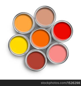 Warm color paint tin cans opened top view isolated on white. Warm color paint tin cans top