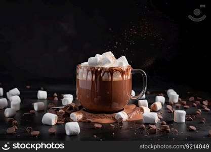 warm cup of hot chocolate, with marshmallows floating on the surface, created with generative ai. warm cup of hot chocolate, with marshmallows floating on the surface