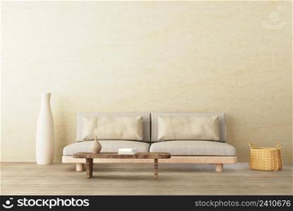 Warm neutral style interior mockup with low sofa, ceramic jug, side table on empty concrete wall background. 3d illustration.