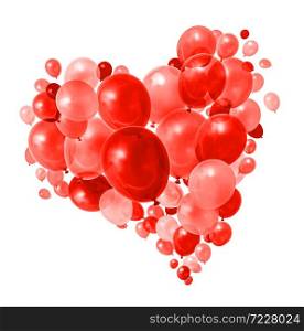 Warm red balloons flying in heart shape formation white background. Colorful balloons heart group