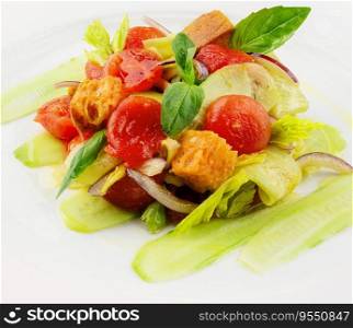 warm salad of stewed cherry tomatoes, cucumbers and croutons