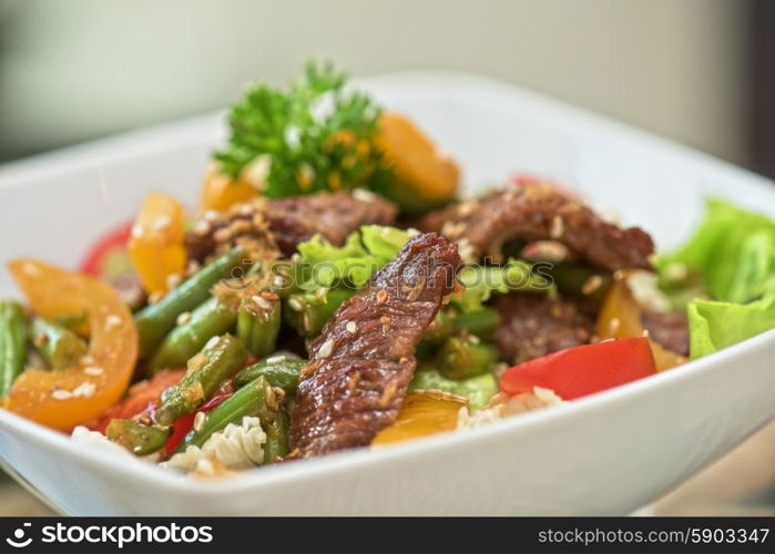 Warm salad with veal. Warm salad with veal closeup