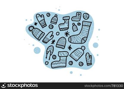 Warm socks, beanies set. Vector composition of winter clothes.