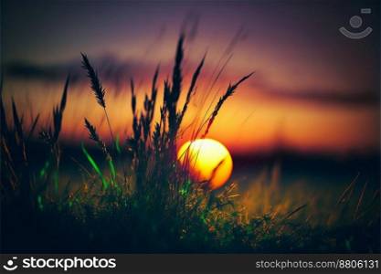 Warm spring evening with a bright vibrant meadow during sunset