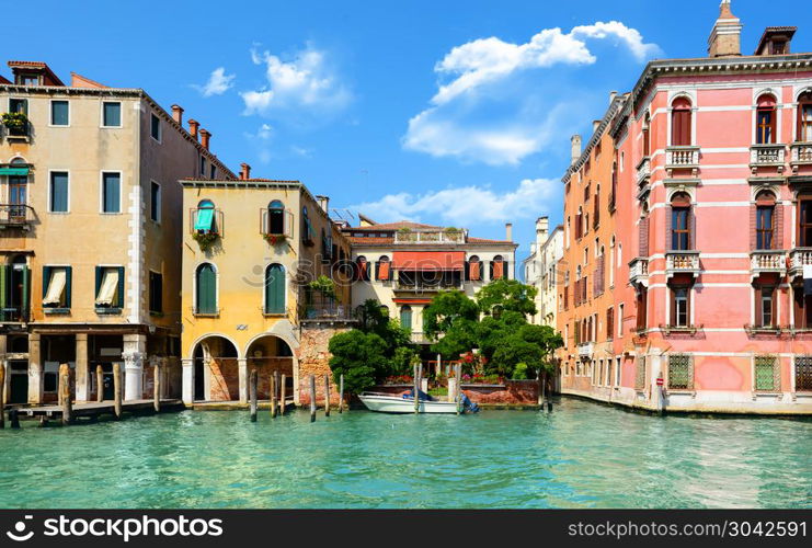 Warm summer day in romantic Venice, Italy. View from the bridge of Academia. Summer day in Venice