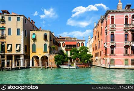 Warm summer day in romantic Venice, Italy. View from the bridge of Academia. Summer day in Venice