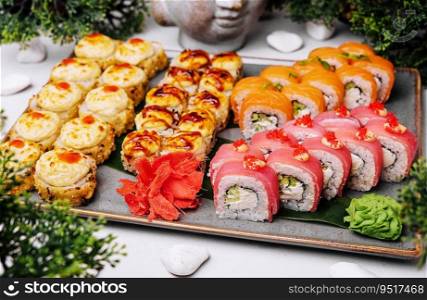 Warm Sushi Roll with Salmon, tuna and Cream Cheese. Warm roll and roll philadelphia and tuna rolls