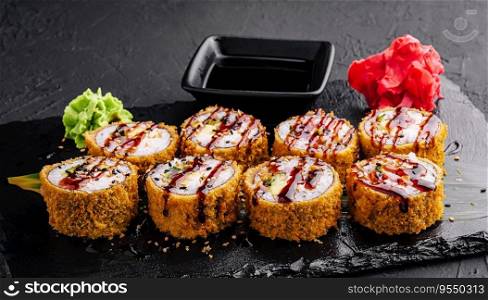 Warm sushi roll with unagi sauce