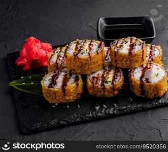 Warm sushi with ginger and wasabi served on a black stone plate