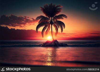 Warm tropical beach sunset with palm trees