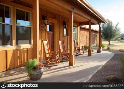 warmth and coziness of ranch house exterior, with inviting porch and rocking chairs, created with generative ai. warmth and coziness of ranch house exterior, with inviting porch and rocking chairs