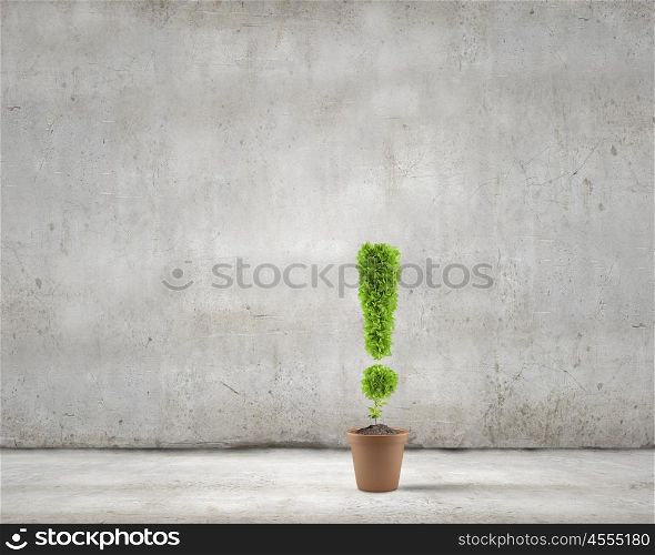 Warning mark. Conceptual image of plant in pot shaped like exclamation mark