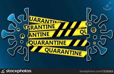 Warning quarantine banner with black stripe and blue virus, 3d rendering