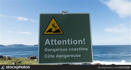 Warning sign at coast, Cape Spear, St. John&rsquo;s, Newfoundland And Labrador, Canada