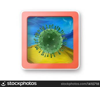 Warning sign with molecula of Coronavirus on the Ukrainian flag on a white background, copy space. Rapid spread of Coronavirus, Covid 19 in the world. 3D illustration. Prohibition sign with Bacteria of Coronavirus on the Ukrainian flag.