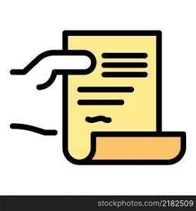 Warrant in hand icon. Outline warrant in hand vector icon color flat isolated. Warrant in hand icon color outline vector