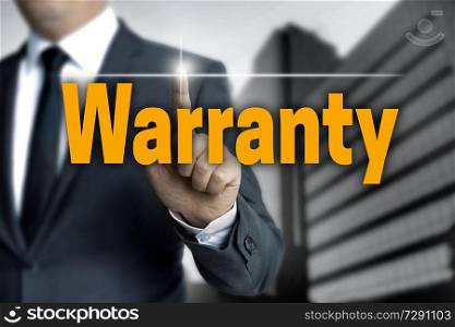 Warranty touchscreen is operated by businessman.. Warranty touchscreen is operated by businessman