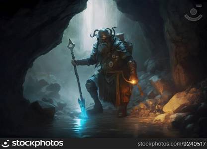 Warrior gnome in dark cave corridor with fantasy staff. Neural network AI generated art. Warrior gnome in dark cave corridor with fantasy staff. Neural network generated art