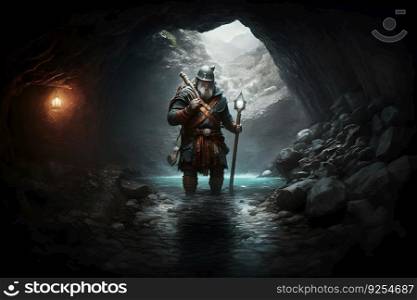 Warrior gnome in dark cave corridor with fantasy staff. Neural network AI generated art. Warrior gnome in dark cave corridor with fantasy staff. Neural network generated art