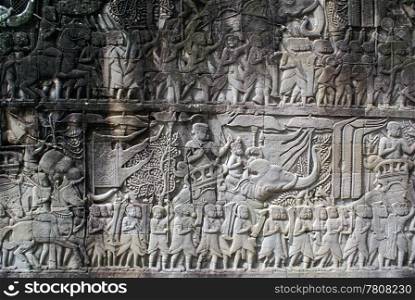 Warriors and elephat on the wall of Bayon temple, Angkor