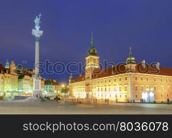 Warsaw. Old Town Square at night.. The Royal Castle and the Column of King Sigismund the Old City at night. Warsaw. Poland.