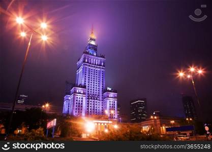 Warsaw, Poland downtown skyline at night. The Palace of Culture and Science -Palac Kultury i Nauki