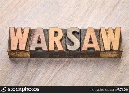 Warsaw word abstract in vintage letterpress wood type