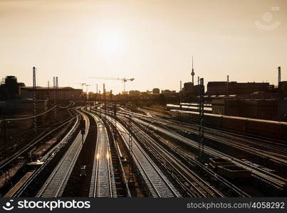 Warschauer Strasse station with TV Tower in background, Berlin, Germany