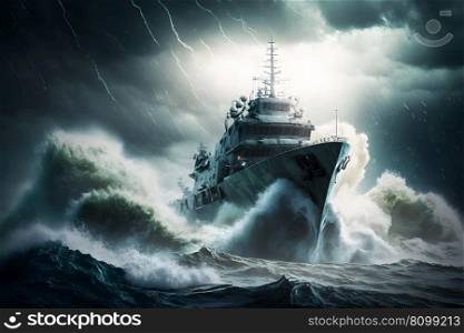 Warship at sea during a storm. Neural network AI generated. Warship at sea during a storm. Neural network AI generated art