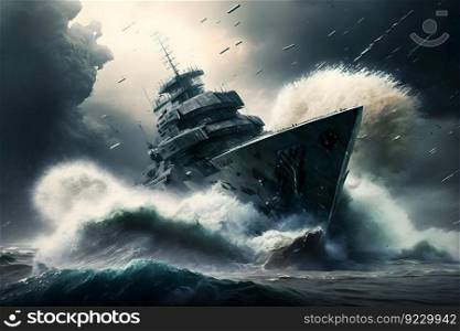 Warship at sea during a storm. Neural network AI generated. Warship at sea during a storm. Neural network AI generated art