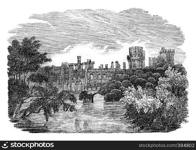 Warwick Castle, vintage engraved illustration. Colorful History of England, 1837.