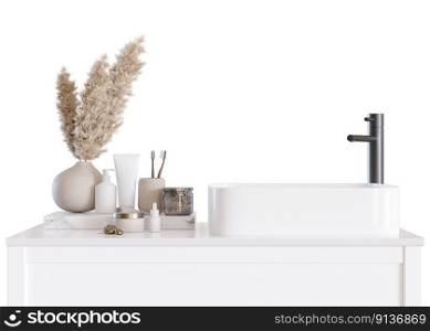 Washbasin, faucet and cabinet isolated on white background. Front view. Cut out bathroom furniture. Modern sink. Modern interior design element. Cleanliness, washing, routine. Copy space. 3D render. Washbasin mit faucet and cabinet isolated on white background. Front view. Cut out bathroom furniture. Modern sink. Modern interior design element. Cleanliness, washing, routine. Copy space. 3D render