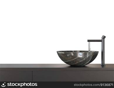 Washbasin, faucet and cabinet isolated on white background. Front view. Cut out bathroom furniture. Modern sink. Modern interior design element. Cleanliness, washing, routine. Copy space. 3D render. Washbasin mit faucet and cabinet isolated on white background. Front view. Cut out bathroom furniture. Modern sink. Modern interior design element. Cleanliness, washing, routine. Copy space. 3D render