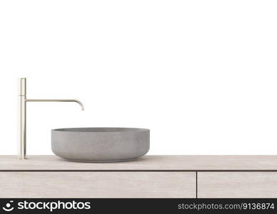 Washbasin, faucet and cabinet isolated on white background. Front view. Cut out bathroom furniture. Modern sink. Modern interior design element. Cleanliness, washing, routine. Copy space. 3D render. Washbasin mit faucet and cabinet isolated on white background. Front view. Cut out bathroom furniture. Modern sink. Modern interior design element. Cleanliness, washing, routine. Copy space. 3D render