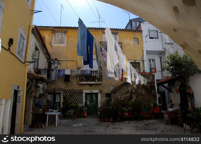 Washing hangs in courtyard, Lisbon, Portugal