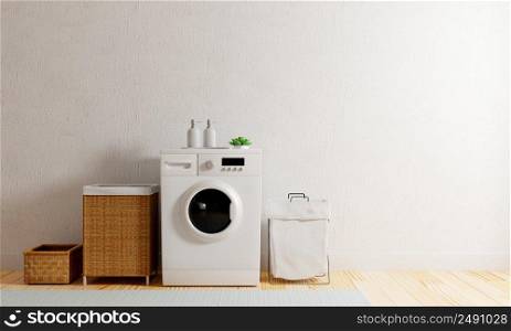 Washing machine in the kitchen with copy space. Laundry and interior concept. 3D illustration rendering