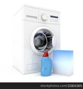 Washing machine with bottle of liquid detergent and laundry powder
